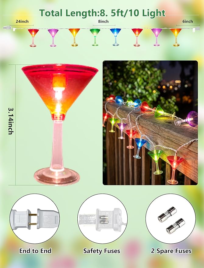 Margarita Fiesta Party Lights, 8.5Ft Summer Decorative String Lights Plug in with 10 LED Multicolor Cocktail Glass Lights, Indoor Outdoor Patio Lights Waterproof for Home Tiki Bar Party Lighting Decor
