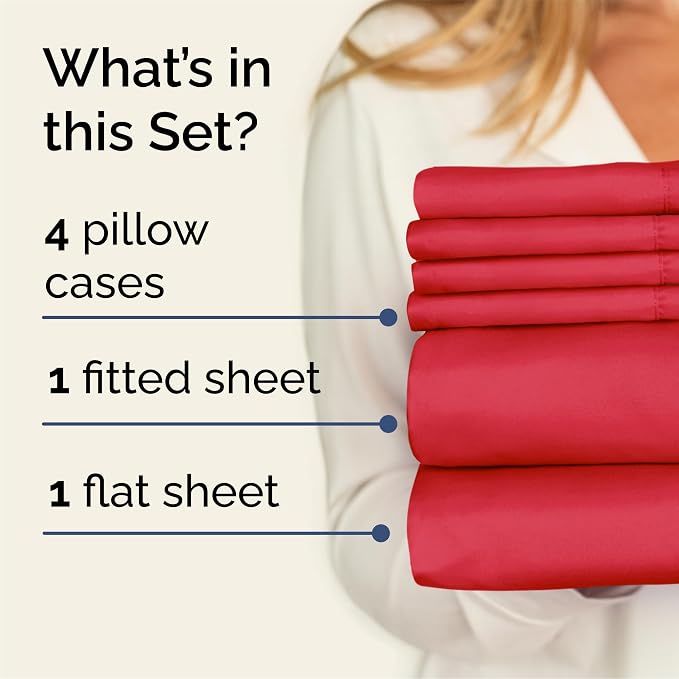 Queen 6 Piece Sheet Set - Comfy Breathable & Cooling - Ultra Soft Hotel Luxury Bedding Set with 8-16 Inch Deep Pockets - 1 Flat & 1 Fitted Sheet & 4 Pillowcases - Cozy, Wrinkle Free & Easy Care - Red