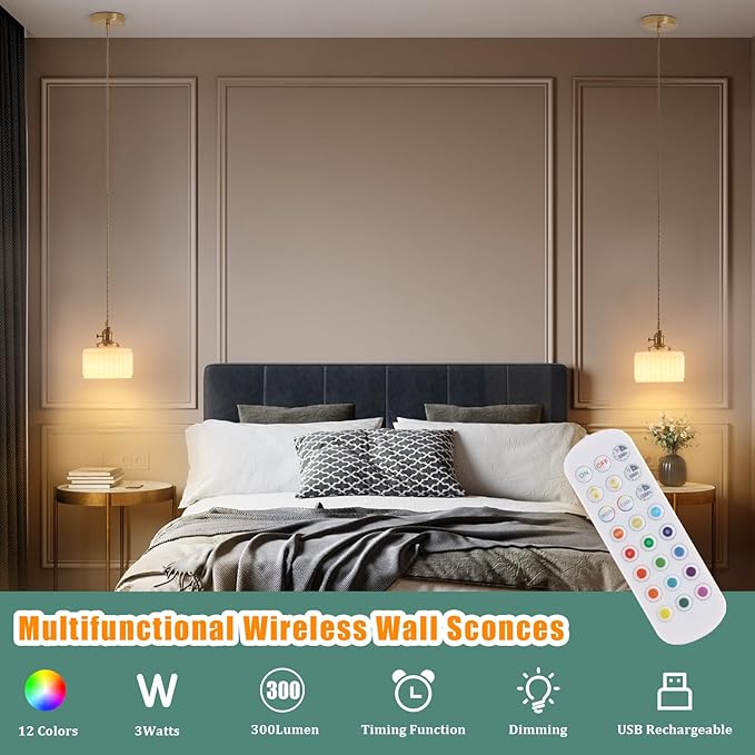 Shenmoyl Battery Operated Pendant Light 5000mAh Rechargeable Chandelier with Remote Control Wireless Adjustable Hanging White Striped Light for Kitchen Island Dining Room Hallway, 2 Pack