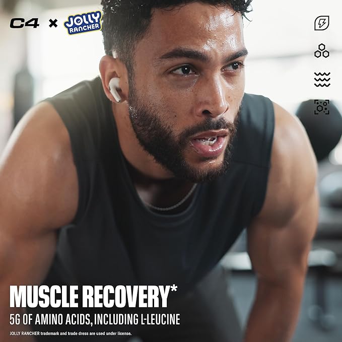 C4 Energy + Aminos Powder Jolly Rancher Cherry, 5g BCAAs & EAAs for Muscle Recovery, 3 Electrolytes for Hydration, 100mg Natural Caffeine, Pre Workout, Zero Sugar, 30 Servings
