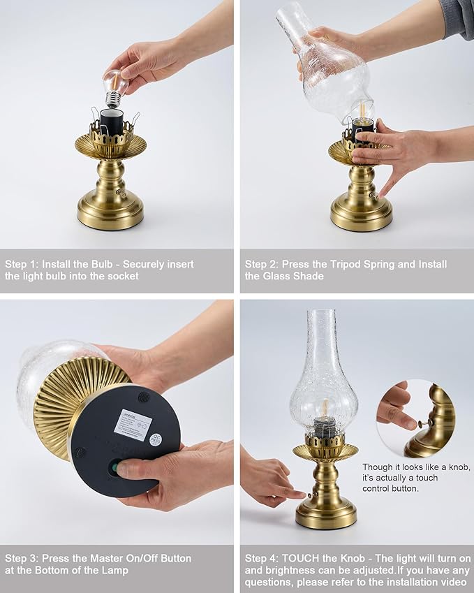 UMEXUS Vintage Rechargeable Cordless Table Lamp with Dimmer & Touch Control, Small Battery Powered Lights, Hand-Blown Glass Retro Farmhouse Lamp for Bedroom, Living Room, Dining Table, Kitchen (Clear)