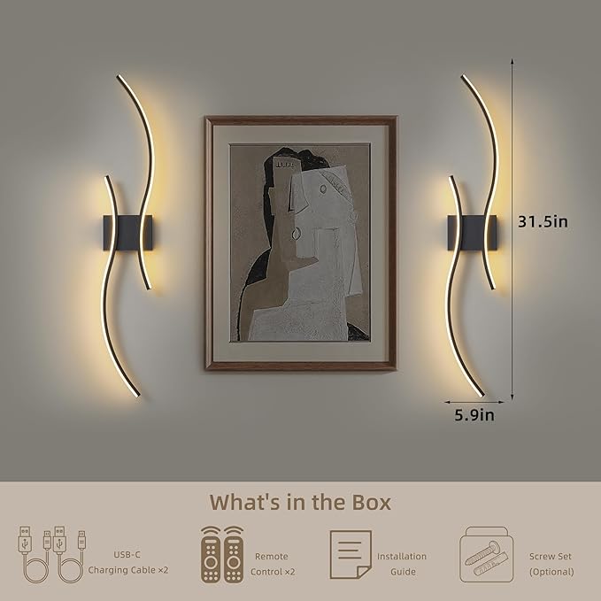 Battery Operated Wall Sconces Set of 2, Dimmable Modern LED Rechargeable Wall Light with Remote Control, Wall Decor for Living Room, Hallway, Quick Install, No Electrician Required