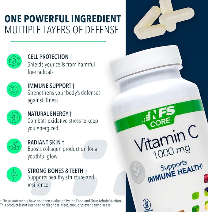NFスポーツ ビタミンC 1000mg 免疫システムをサポート、コラーゲン生成、鉄分吸収、歯の健康維持に、ビーガン、グルテンフリー、植物性カプセル60粒