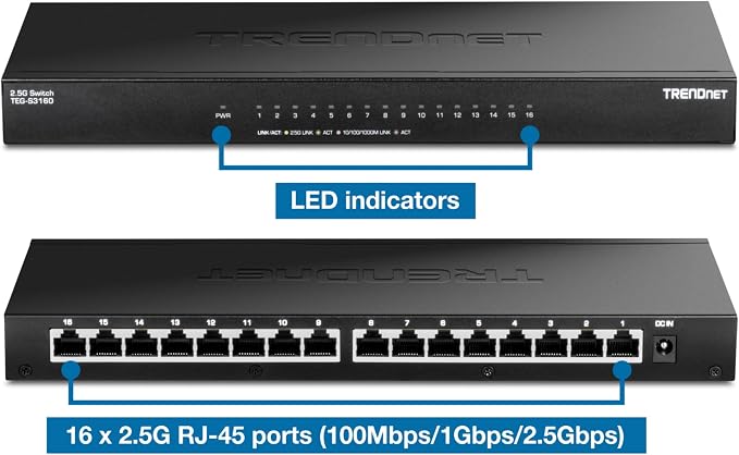 TRENDnet 16-Port Unmanaged 2.5G Desktop Network Ethernet Switch, TEG-S3160, 16 x 2.5Gb RJ-45 Ports, 80Gbps Switching Capacity, Ethernet Splitter, NDAA & TAA Compliant, Lifetime Protection, Black