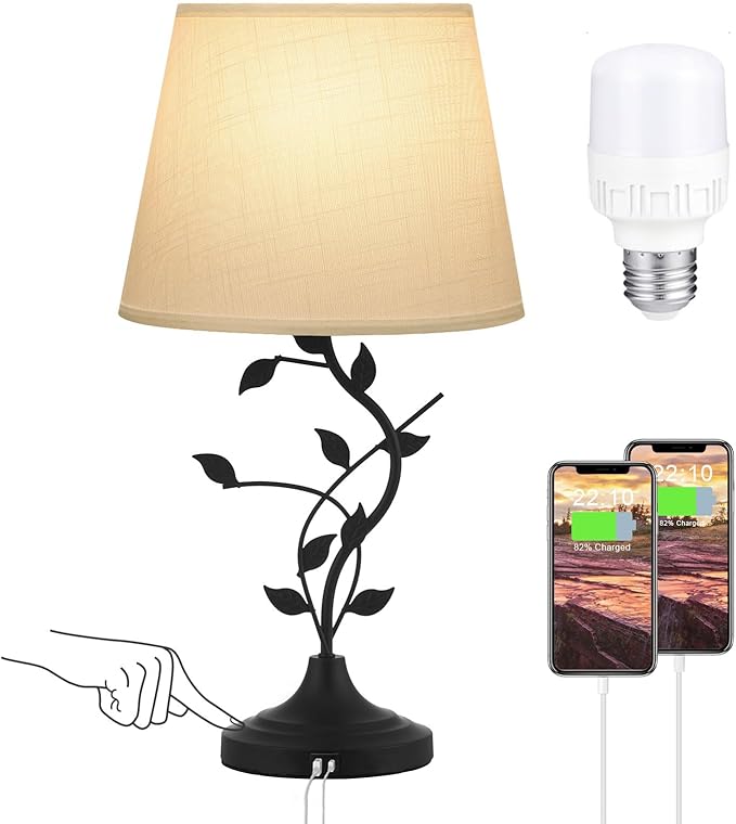 Kakanuo Table Lamp for Bedside, Lamp for Living Room with USB-A and USB-C Charging Ports, Traditional Tall Bedroom Lamp for End Table