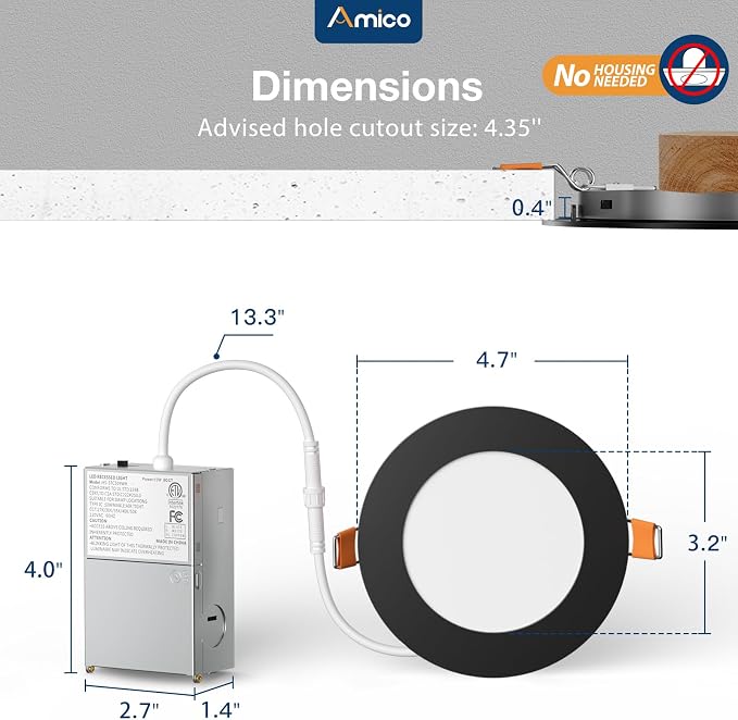 Amico 48 Pack 4 Inch 5CCT Ultra-Thin LED Recessed Ceiling Light with Junction Box, 2700K/3000K/3500K/4000K/5000K Selectable, 11W Eqv 70W, Dimmable Canless Downlight, 800LM High Brightness,Black