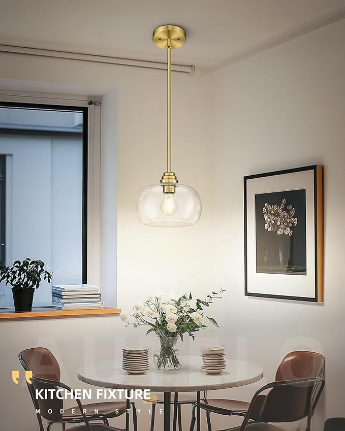 AUTELO 2 Pack Gold Pendant Lights, Glass Pendant Lights Kitchen Island with Clear Drum Glass, Industrial Pendant Ceiling Lights with Adjustable Rods for Kitchen Dining Room Bar, H9385 BG-R-2PK