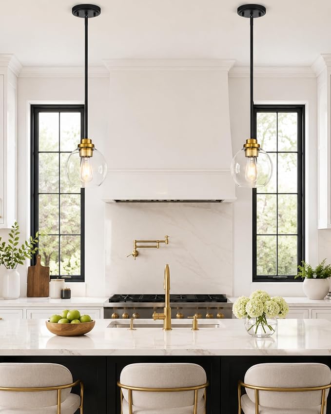 Pendant Lights Kitchen Island 2 Pack, 7" Black and Gold Hanging Lights Fixtures with Clear Glass Globe Shade, Modern Kitchen Island Lighting for Bathroom, AD-22280-1P2-KG