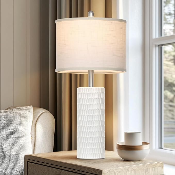 Cinyirong 27" Ceramic Table Lamp, Farmhouse Table Lamp for Living Room, White Lamp for Bedroom, Night Stand, Modern Bedside Lamp Set of 2, End Table Lamps, White(2 Bulbs Included)