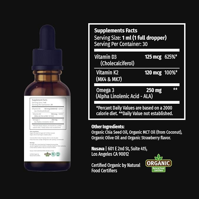 NUSAVA Strawberry Flavored D3 K2 Liquid Drops and Vanilla Flavored D3 K2 Liquid Drops Bundle - Potent Liquid Vitamins for Heart, Joint, Bone, Muscle, & Immune Support - Non-GMO, Gluten-Free, 2pk Each