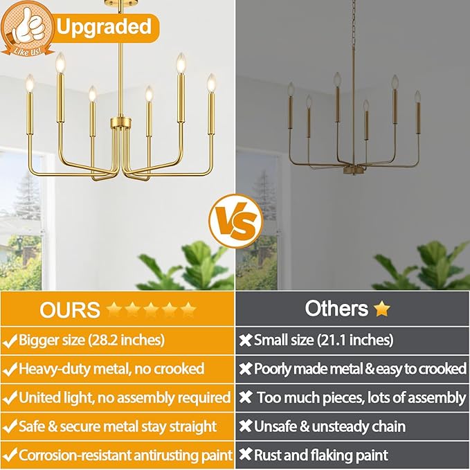 Brass Gold Chandelier, 6-Light Chandelier Light Fixture Farmhouse Chandeliers for Dining Room, Vintage Candle Pendant Light Fixtures Chandelier for Bedroom, Kitchen, Foyer, Entryway and Living Room