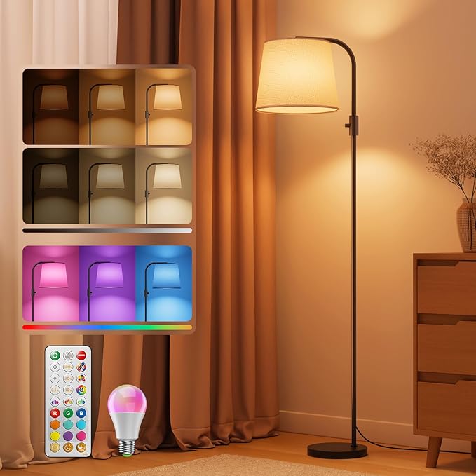 Dimmable Arc Floor Lamp, 1200 Lumens RGBCW Color Change Bulb Included, Standing Lamp with Linen Shade, 65" Tall Lamp with Remote for Living Room, Bedroom, Office, Dining Room, Kitchen, Black