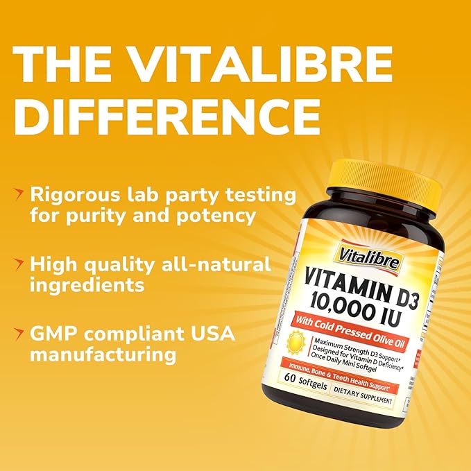Maximum Strength Vitamin D3 10,000 IU (250mcg), Highly Bioavailable, with Cold Pressed Olive Oil, Immune, Bone & Teeth Health Support, No Soy, Sunshine Vitamin, 60 Mini Softgels