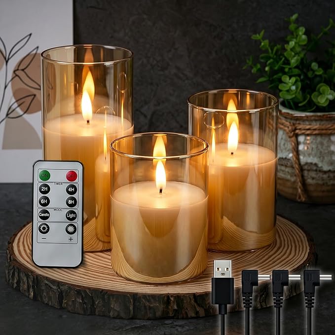 GenSwin Rechargeable LED Flameless Flickering Glass Candles with Remote Timer, Battery Operated Pillar Candles Long Lasting Gold Real Wax USB Candle (D 3”×H 4”5”6”)