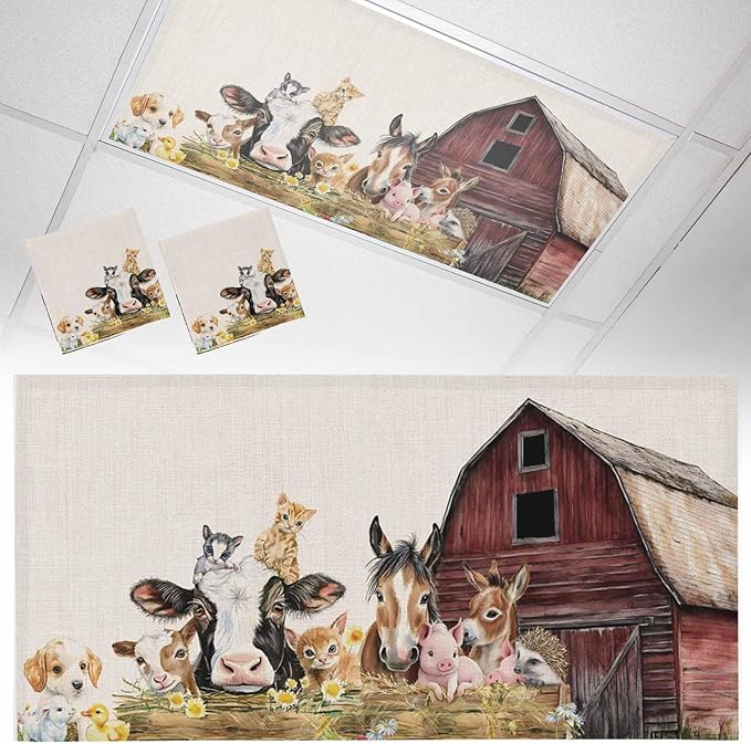 2 Pack Magnetic Fluorescent Light Covers, Farm Barn Horse Sheep Cat Animal Country Retro Linen Background Magnetic Light Covers for Ceiling Lights Classroom Office Home Decor