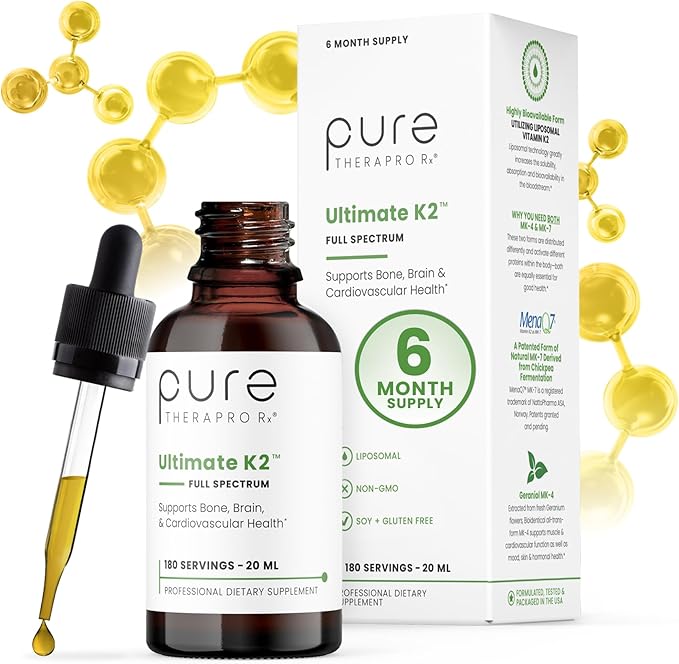 Pure Therapro Rx Ultimate K2 Supplément | Gouttes liquides liposomales de Vitamine K2 | 180 doses | 600mcg de K2 végétalienne sous forme de MK4 et MenaQ7 MK7 | Soutient la santé des os, la santé cardiaque, la peau et les cheveux | 20 mL