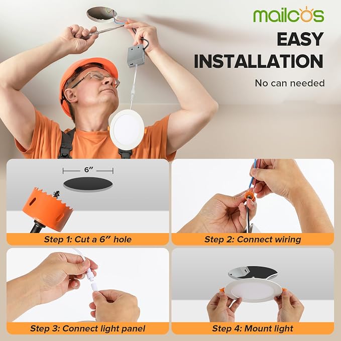 MAILCOS 4 Pack 6 Inch 5CCT Ultra-Thin LED Recessed Ceiling Light with Junction Box, 2700K-5000K Selectable, 1050LM High Brightness, Dimmable Canless Wafer Downlight, 12W 120V, ETL