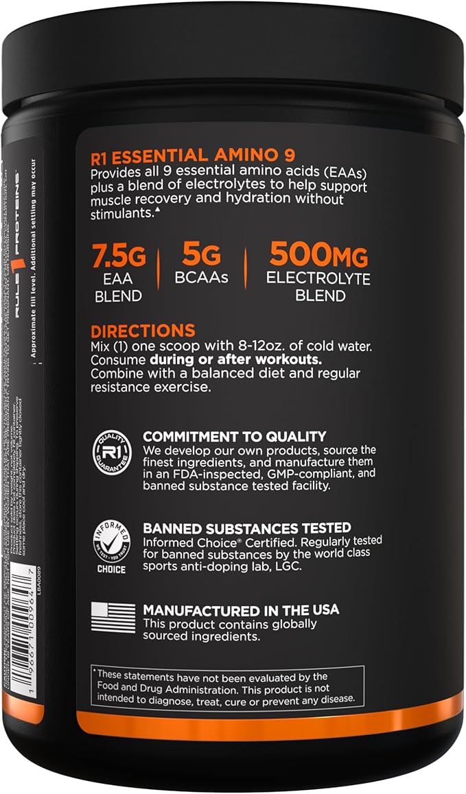 Rule 1 Proteins Essential Amino 9 – Recovery & Hydration Support with 7.5g of Essential Amino Acids + Electrolytes (30 Servings, Fruit Punch)