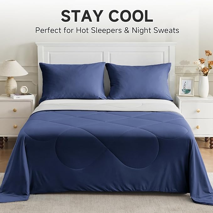 HOMFINE Cooling Comforter Japanese Double-Sided Cold Tech Fabric Cooling Blanket for Night Sweats Hot Sleepers, Q-Max 0.45 Soft Breathable Silky Smooth Lightweight Dark Blue Summer Comforter Queen