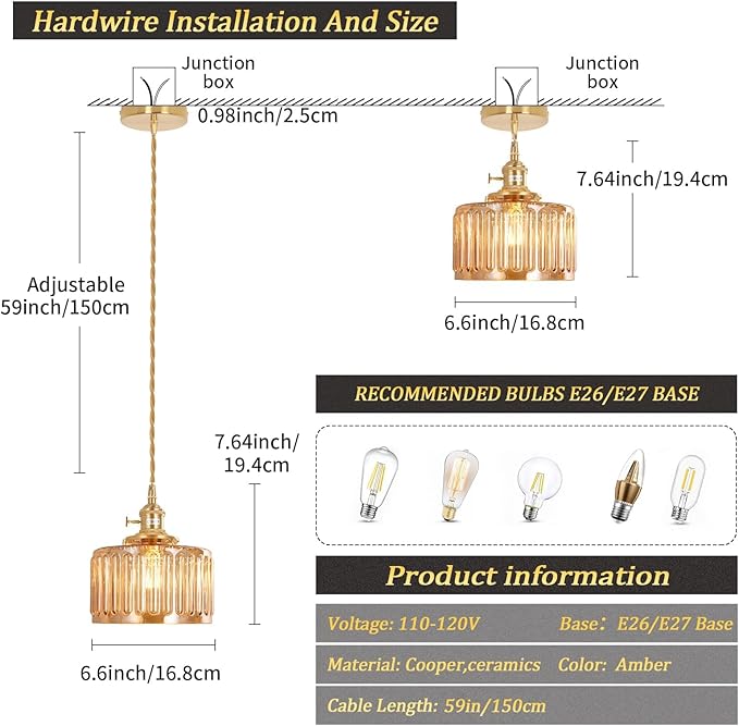 Shenmoyl Pendant Light 2 Pack with Amber Striped Glass Lmapshade, Brass Vintage Pendant Light Adjustable Hanging Light for Kitchen Island Dining Room Hallway