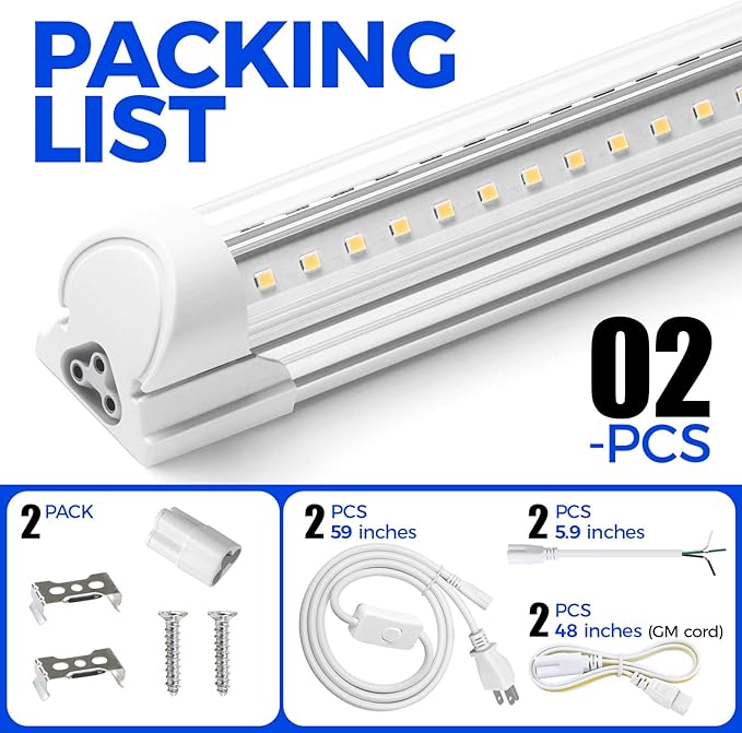 Barrina 2FT LED Shop Light, 4000K 20W 3000LM, Clear Cover Linkable Tube Lights, V Shape Integrated T8 LED Lighting, Ceiling Lights for Garage, Warehouse, Workshop, ETL Listed, 2 Packs