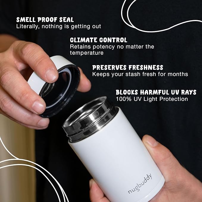 nugbuddy Mini Airtight Storage Container - Vacuum Sealed Insulated w Nested Glass Jar - UV Protection, Temperature Controlled Stainless - 100 ml (1/4 Oz)