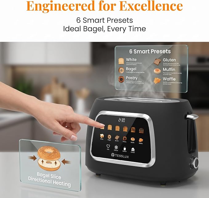 Tesslux 2 Slice Toaster with Touch Screen Control, 1.5" Wide Long Slots, 6 Browning Levels & 6 Bread Types, Digital Timer, Memory, Defrost, Reheat (Black, 2 Slice)