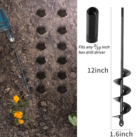 TCBWFY Auger Drill Bit for Planting,1.6"x12"Solid Shaft Garden Auger Drill Bit with Extensive Spirals,Spiral Hole Drill Bit for Planting Bulbs,Flowers,Post Holes,Earth Auger for 3/8"Hex Drive Drill