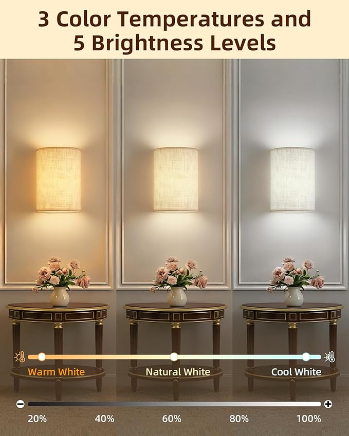 EZVALO Battery Operated Wall Sconce, Rechargeable Wall Sconces Set of Two with Remote, 3 Color & 80 RGB Wireless Wall Mount Lamp, Dimmable, Timer, Peel and Stick, Fabric Linen Wall Lights for Bedroom