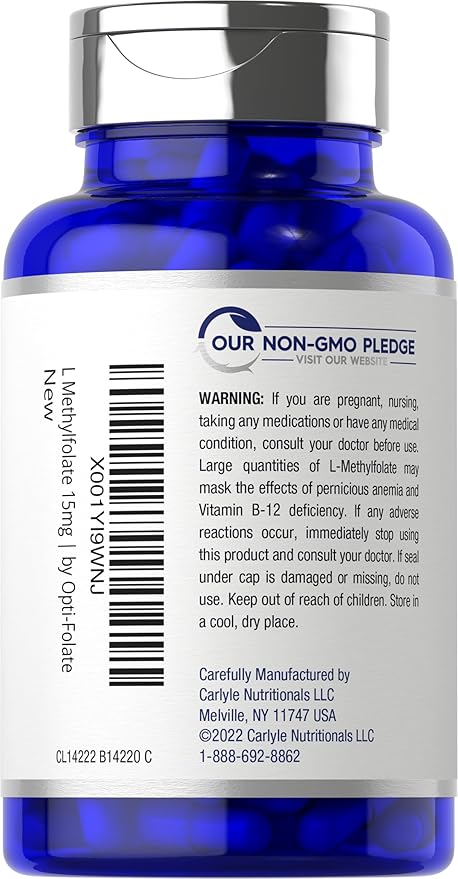 Carlyle L Methylfolate 15mg | 90 Capsules | Max Potency | Optimized and Activated | Non-GMO, Gluten Free | Methyl Folate, 5-MTHF | by Opti-Folate