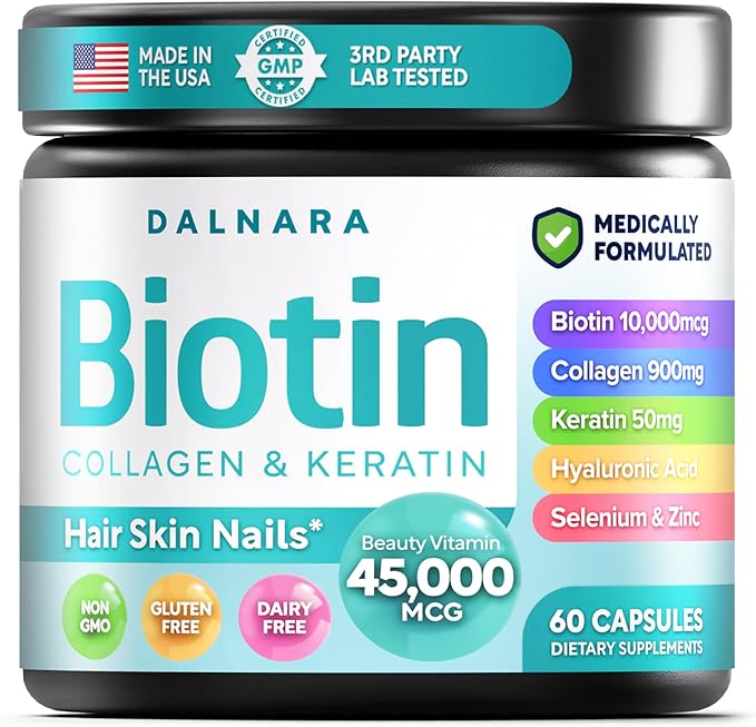 Biotin Collagen & Keratin – Hair, Skin & Nails Vitamins, 45,000 MCG Vitamin Complex (A, B1, B2, B3, B6, B7, C & E)–Biotin for Hair Growth for Women & Men, Hair Vitamins-60 Capsules–Made in USA