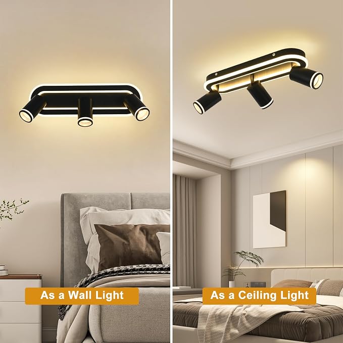 LED 3 Light Track Lighting Spotlight Kit, Black Ceiling Spotlights, Modern Track Light Fixture with Flexibly Rotatable Light Heads, 35W+15W Dual Lighting for Kitchen Living Room,Includes 3 x GU10 Bulb