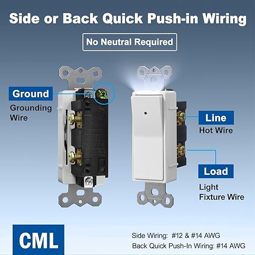 CML 10 Pack Single Pole Illuminated Light Switch with Cool White LED Nightlight, Decorator Paddle Rocker Wall Lighted Switch, Automatic On/Off Sensor, 15A 120V, ETL Listed, White