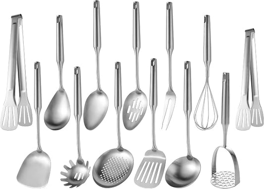 Stainless Steel Kitchen Utensils 13 PCS All Metal Set for Cooking | Food-grade 304-Healthy;Dishwasher safe;One-piece-Sturdy;Plenty of tools for all needs;Great gifts for cooking enthusiast,chef