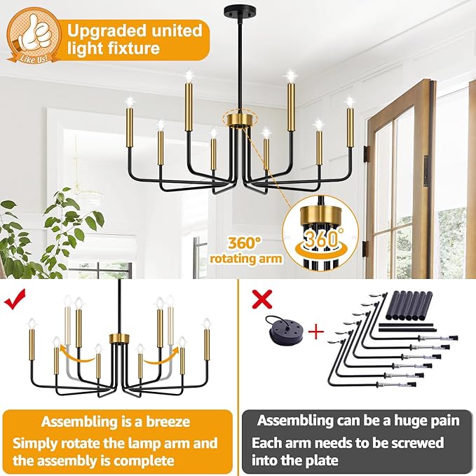 Lynnoland Black and Gold 8-Light Farmhouse Chandelier for Dining Room Lighting Fixtures Hanging, Vintage Candle Pendant Light Fixtures Chandelier for Bedroom, Foyer and Living Room