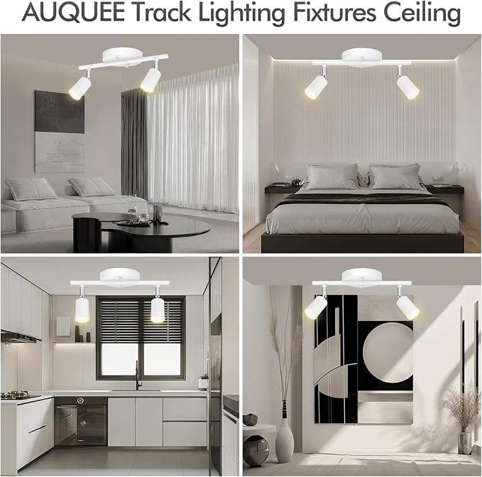 AUQUEE 2 Light Track Lighting Fixtures Ceiling, 8W/2700K White Track Lighting with Acrylic Lampshade & Rotatable Light Heads, 20000hrs Lifespan, Modern LED Track Lights Ceiling for Kitchen/Hallyway