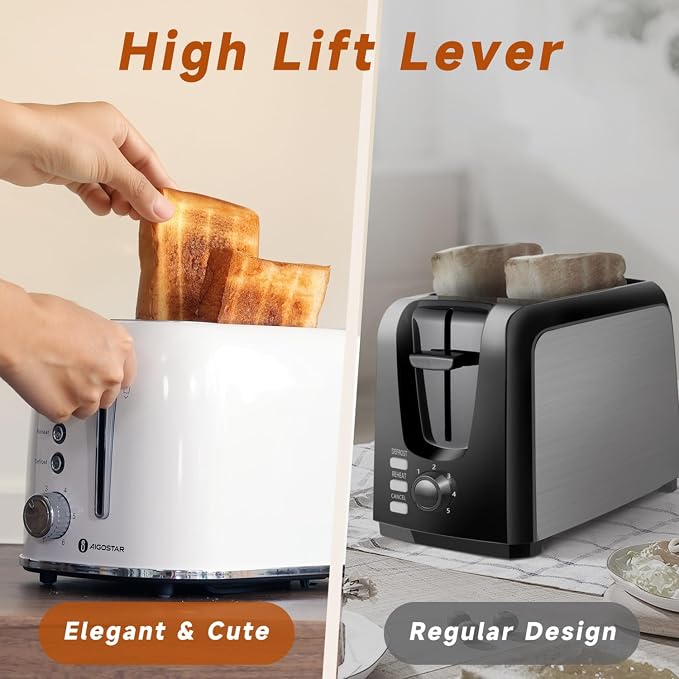 Aigostar Retro 2 Slice Toaster, Stainless Steel, White | Extra Wide Slots, Bagel Function, Cancel & Defrost, 6 Shade Settings, Removable Crumb Tray