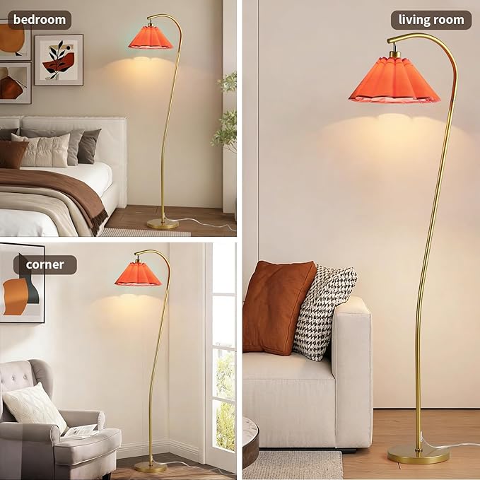 Floor Lamp with Pleated Linen Lampshade, Modern Flower Floor Lamp for Living Room Arc Standing Lamp, Gold Tall Lamp for Bedroom Office Dining Room, Bulb Included (Gold + Orange Color, 66.1IN)