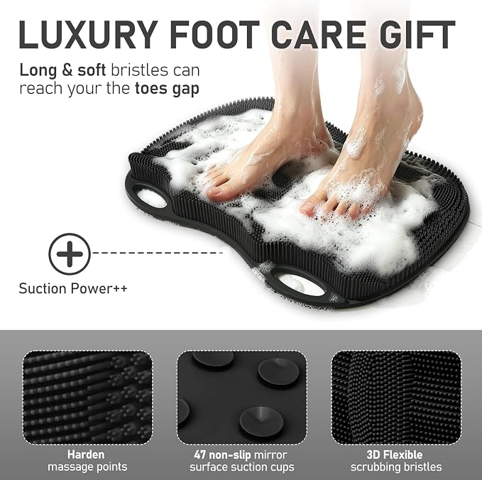 Shower Foot Scrubber Mat in Shower XL, Silicone Exfoliating Bathtub Safety Mat Massage Non-slip Suction Cups Scrubber Foot Toes Clean Pad without Bending Achy Relief 17.4 * 13.4" Black