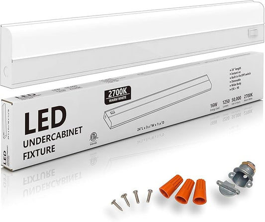 Hardwired LED Under Cabinet Task Lighting - 16 Watt, 24", Dimmable, CRI>90, 2700K (Warm White), Wide Body, Long Lasting Metal Base with Frost Lens