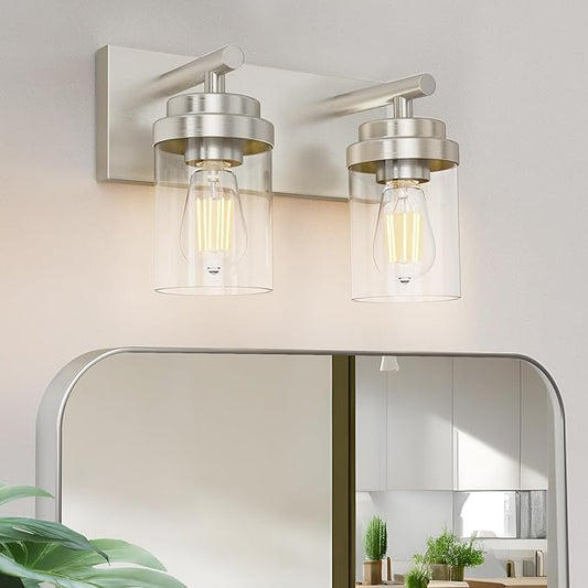 IZORRO Bathroom Vanity Light Fixture, 2-Light 15 Inch Brushed Nickel Bathroom Light Fixtures Over Mirror, with Clear Glass Shade, Modern Farmhouse Vanity Lights, Rustic Restroom Lighting Fixtures