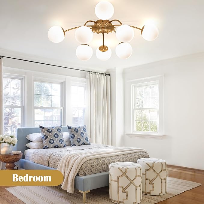 8-Light Milk Glass Pendant Light, 33" Sputnik Bubble Glass Chandelier Light Fixture, Hand Blown Semi Flush Mount Ceiling Chandeliers Lighting for Dining Room, Living Room (Gold, 8-Light Ceiling)