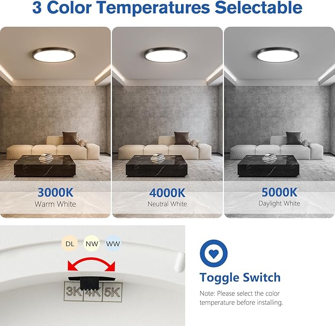 6 Pack 12 Inch Hardwired Dimmable LED Flush Mount Ceiling Light Fixtures, 24W 2640LM 3000K/4000K/5000K, House Upgrade Led Lights for Bedroom Hallway Laundry Room Rental Units, 240W Equiv., Black