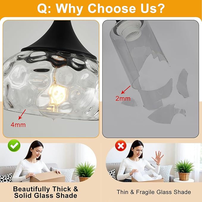 2 Pack Modern Pendant Lights Kitchen Island, Matte Black Pendant Light Fixtures with 8.5" Clear Hammered Glass Shade, Industrial Hanging Pendant Lights Fixture for Kitchen Island Dining Room Entryway