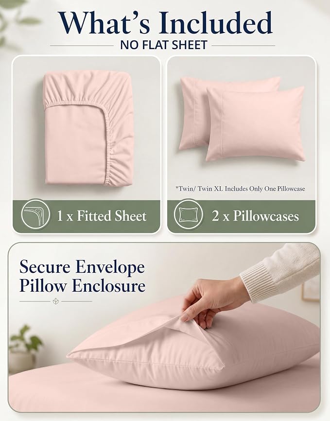 LANE LINEN 100% Organic Cotton Full Fitted Sheet & Pillowcases (No Flat Sheet) - Soft & Breathable Percale Weave Set - Hotel Quality Crispness - 15'' Deep Pocket - GOTS Certified - Sepia Rose