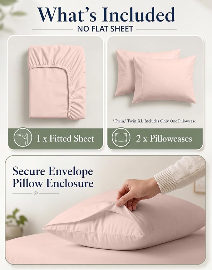 Lane Linen Twin XL Fitted Sheet, 100% Organic Cotton 2-Piece Set (1 Fitted Sheet, 1 Pillowcase), Percale Weave, Bottom Sheet, Soft, Breathable, Fits Mattress Upto 15" Deep - Sepia Rose (No Flat Sheet)
