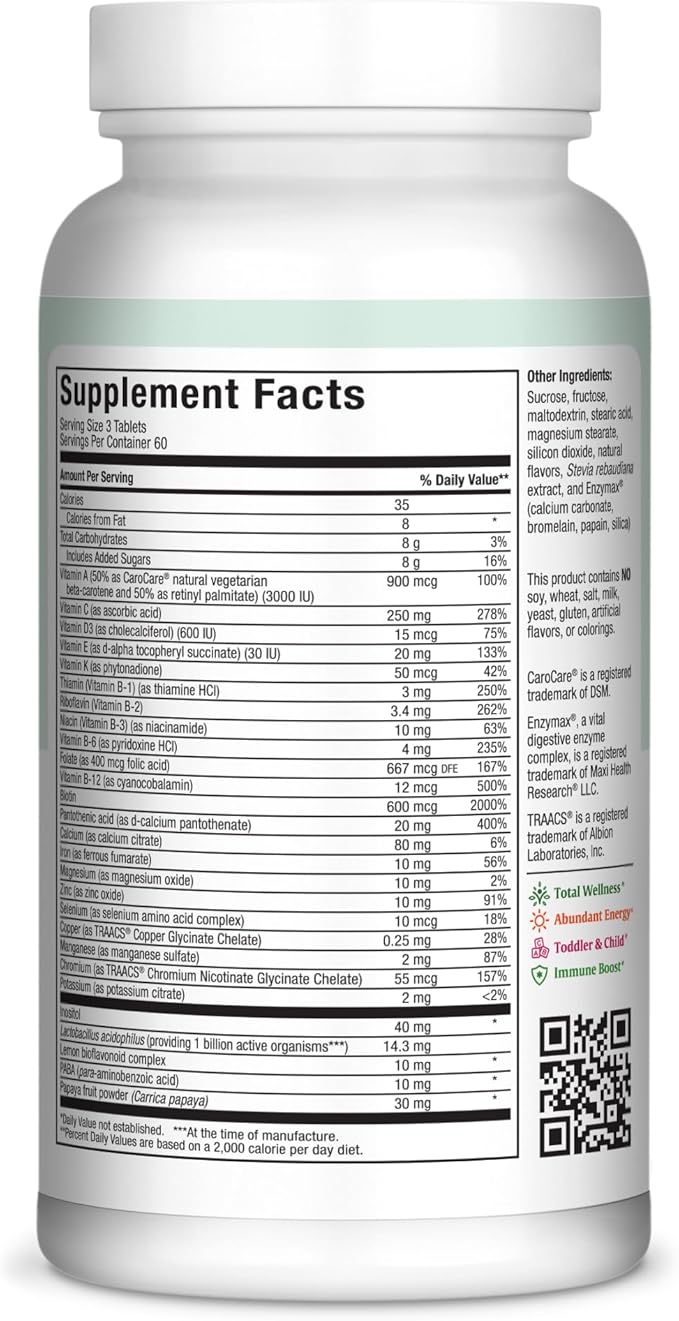 Maxi Health Multivitamine à croquer pour enfants, adolescents et adultes - Vitamines à croquer saveur cerise pour adultes et enfants - Multivitamine casher pour enfants + fer (180 comprimés)