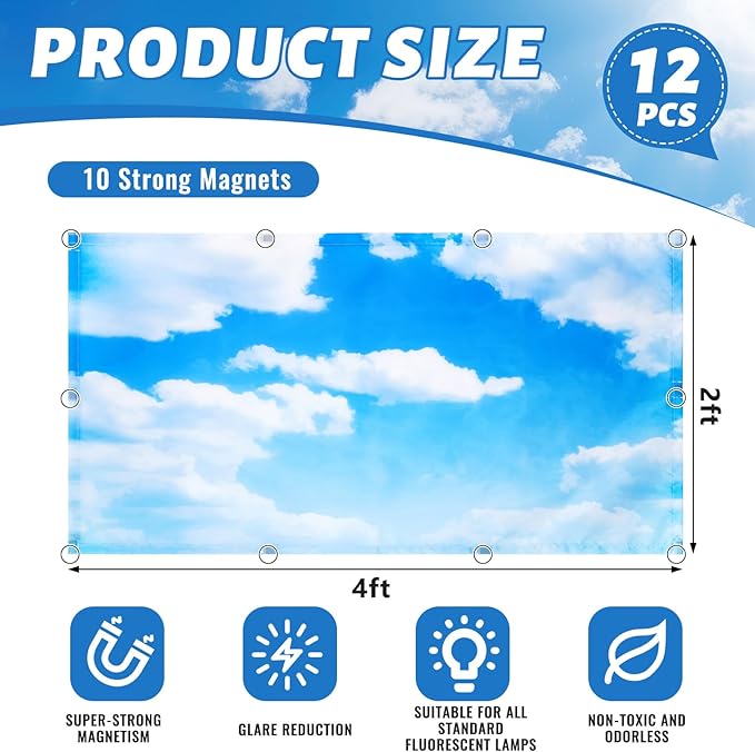 Hortsun 12 Pcs Fluorescent Light Covers Bulk, 4 x 2 ft Magnetic Fluorescent Drop Ceiling Lighting Covers Light Filter Shade for Home, Office, Hospital, School Classroom Decoration(Blue Sky Cloud)