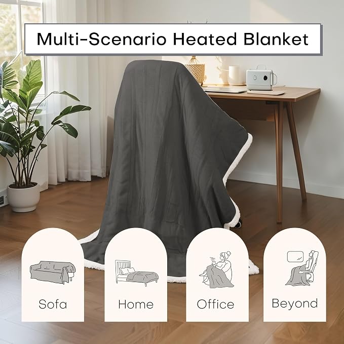 Electric Heated Blanket Throw Size 50"x60" – ETL Certified for Safe Overnight, 4 Heat Settings & 3H Auto Off, Dual-Sided Microplush Sherpa for Home Theater Night, Machine Washable – Iron Gray