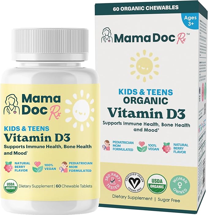 Vitamine D3 à croquer pour enfants et adolescents certifiée biologique | 800 UI | Sans sucre, végétalien, sans les 9 allergènes majeurs | 2 mois d'approvisionnement | À partir de 3 ans